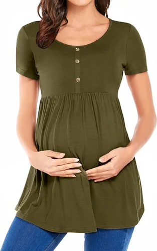 POSHGLAM Camisetas de maternidad para mujer, cuello redondo, ropa de embarazo fruncida con acento de botón