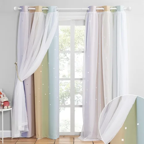 Vista 45 de NICETOWN Cortinas opacas con recortes de estrellas para dormitorio, 2 paneles, diseño mixto de 2 capas de tela y tul, cortina de ventana para niños