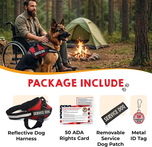Vista 8 de Chaleco para perro de servicio + etiqueta de identificación, 50 tarjetas de información ADA, arnés con parche en tamaños X S a XXL, metal con clip