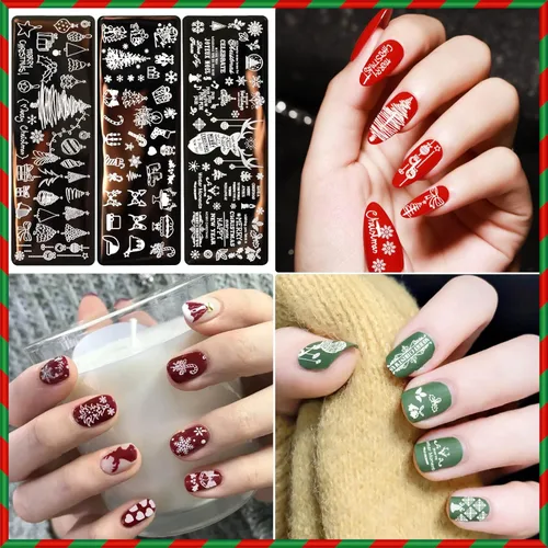 Vista 7 de JUNEBRUSHS 10 platos de estampado de uñas de Navidad, 6 plantillas de arte de uñas, 2 sellos de uñas, 2 raspadores con copos de nieve, muñeco