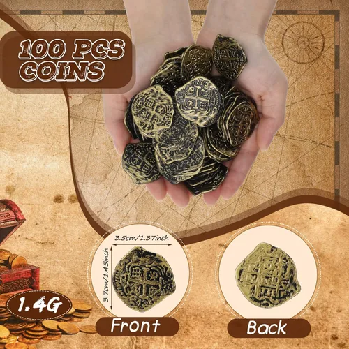 Vista 2 de Hanaive 100 piezas de monedas piratas de plástico, monedas de juego falsas réplica de doblones españoles para cofre del tesoro de fiesta pirata
