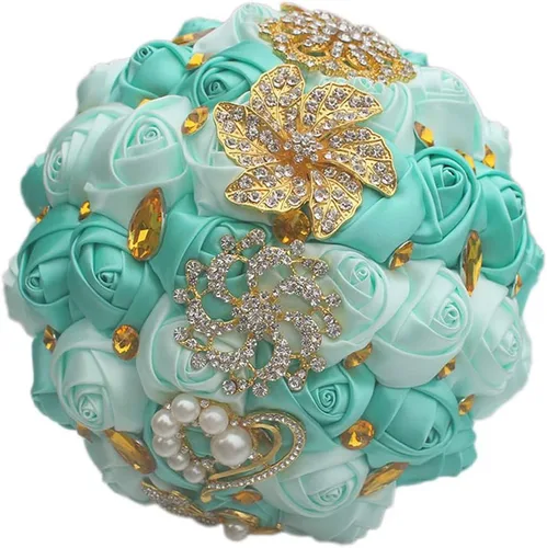 Vista 13 de Ramo de broche de 7 pulgadas para novia, dama de honor, ramo de boda con broches de cristal dorado, arreglo de centro de mesa, ramo floral