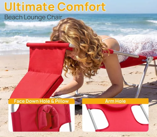 Vista 4 de Silla de bronceado solar con agujero facial, sillas reclinables de playa Rojo