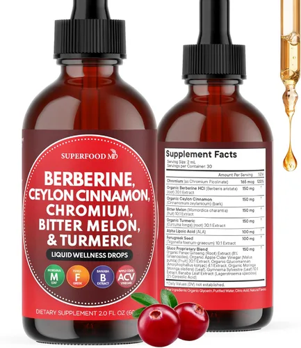 Berberina con suplemento de canela de Ceilán gotas líquidas + extracto de melón amargo, glucomanano, gimnasia, cromo, cúrcuma, panax ginseng