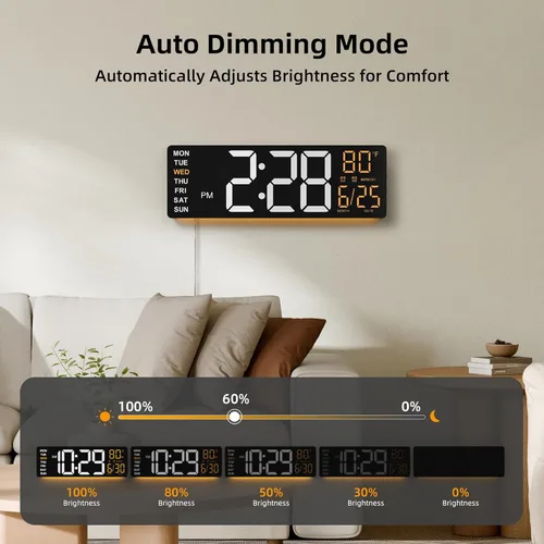 Vista 7 de EASYERA Reloj de pared digital grande de 16.5 pulgadas con pantalla antirreflejo, luces RGB con control remoto de 10 escenas, brillo ajustable