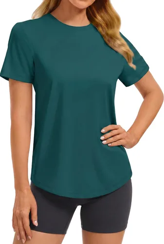 Vista 20 de PINSPARK Camisetas básicas de entrenamiento suaves para mujer, de manga Azul oscuro