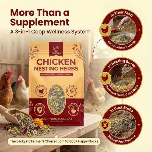 Vista 4 de Hierbas de anidación de pollo prémium de 21 onzas, hierbas de pollo 100% orgánicas para gallinas ponedoras, ambientador de ropa de cama Coop