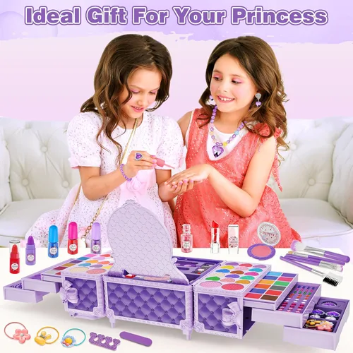 Vista 6 de Juego de 99 piezas de maquillaje para niñas, juguetes de princesa, juego de cosméticos lavables con espejo, lazos para el cabello, uñas, anillos