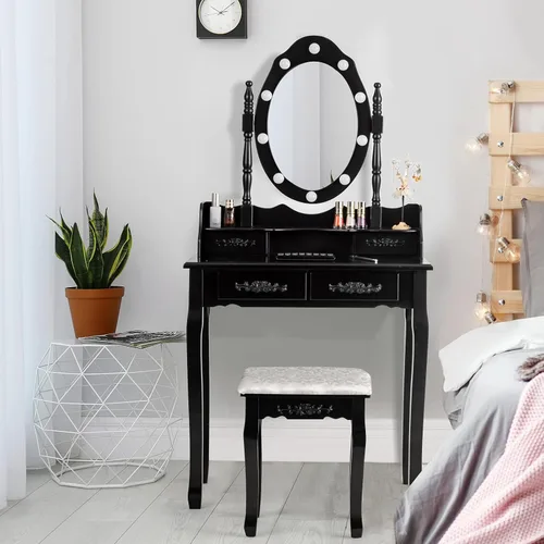 Vista 7 de CHARMAID Mesa de tocador de maquillaje con 10 luces LED, 4 cajones, estante de almacenamiento, pomo de rosa, mesa de maquillaje para dormitorio