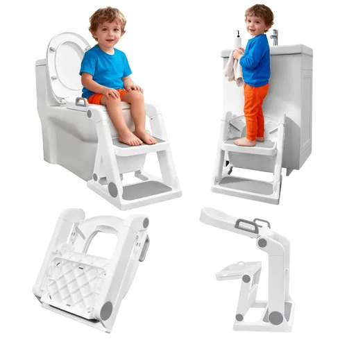 Vista 13 de Primlect Asiento de Entrenamiento para Baño, Asiento de Inodoro 2-en-1 para Niños Pequeños con Escalón, Asiento Ultraestable para Orinal