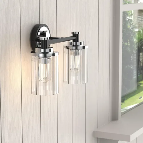 Vista 3 de Luminarias de Baño Negras y Cromadas con Pantalla de Vidrio Transparente de Rayas Cilíndricas Base de Casquillo E26 Luminarias de Baño Sobre Espejo