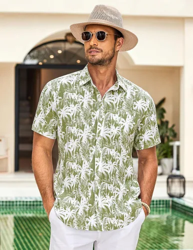 Vista 2 de Coofandy - Camisas casuales de lino para hombre, de manga corta, con botones, para verano y playa