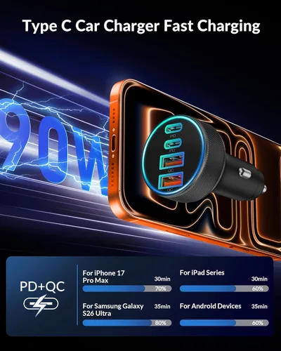 Vista 3 de Cargador de Coche USB C, Cargador de Teléfono de Coche de 4 Puertos 90W de Carga Súper Rápida Accesorios de Cargador de Coche Dual USB-C y USB-A