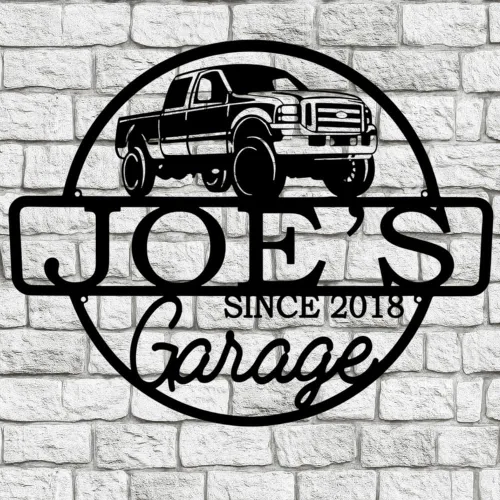 Letrero de metal personalizado para garaje con camioneta pickup vintage americana, arte de pared de taller redondo, nombre personalizado y año EST,