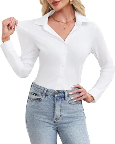 Vista 14 de siliteelon Camisa de manga larga con botones para mujer, estilo casual, para el trabajo, con elástico en 4 direcciones, sin arrugas Beige