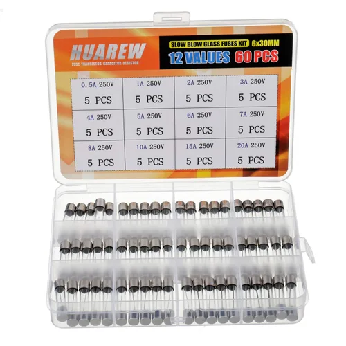 12 Valores 60 Fusibles de vidrio de soplado lento de 0.24 x 1.18 pulgadas, 250 V, V, T, 0.5, 1, 2, 3, 4, 5, 6, 7, 8, 10, 15, 20 A, kit surtido de