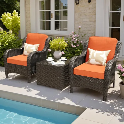 Vista 28 de Juego de muebles de exterior para patio, silla y sofá (ratán marrón, beige, 3 piezas)