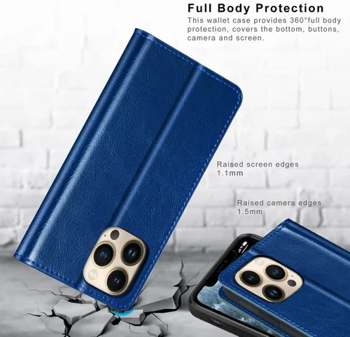 Vista 7 de Belemay Funda compatible con iPhone 15 Pro, piel auténtica, tarjetero con bloqueo RFID, carcasa de poliuretano termoplástico a prueba de golpes