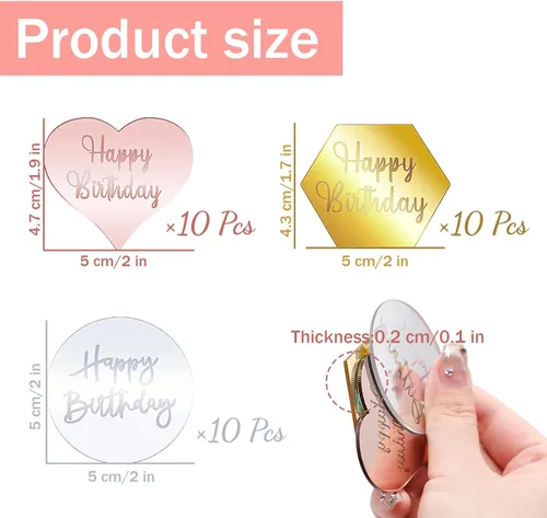 Vista 2 de 30 piezas de decoración para cupcakes de disco acrílico con espejo, hexagonal dorado, rosa redonda plateada y corazón dorado, decoración para tartas