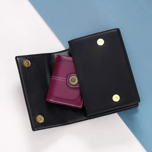 Vista 6 de SENDEFN - Billetera pequeña de piel auténtica para mujer, diseño plegable con ventana para tarjeta de identificación