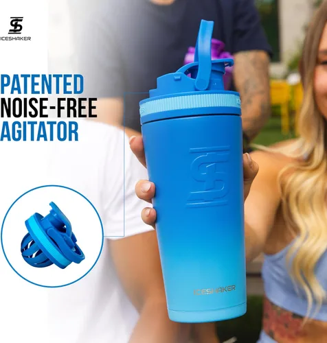 Vista 5 de Ice Shaker Botella agitadora aislada de acero inoxidable 26 onzas, color azul Rush Fría durante más de 24 horas Taza aislada con agitador