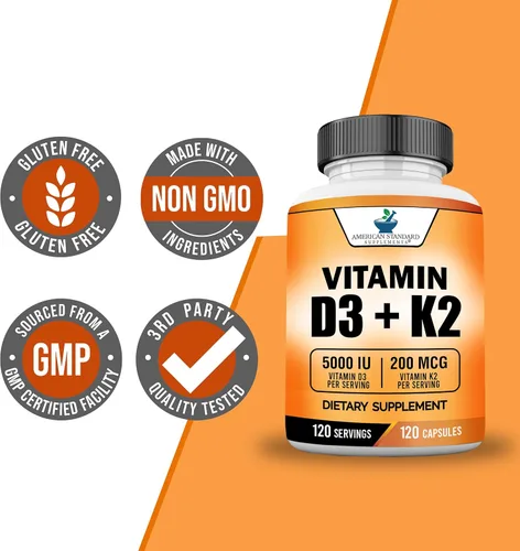 Vista 7 de American Standard Supplements Vitamina D3 5000 UI (125mcg) más vitamina K2 (MK7) 200mcg por cápsula - Sin gluten, sin OMG, 120 cápsulas, 120