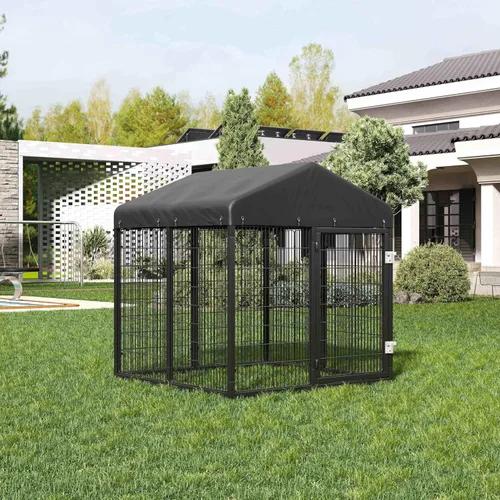 Vista 4 de Gran recinto para perros al aire libre, jaula resistente con techo, valla de acero galvanizado para perreras con doble cerradura de seguridad