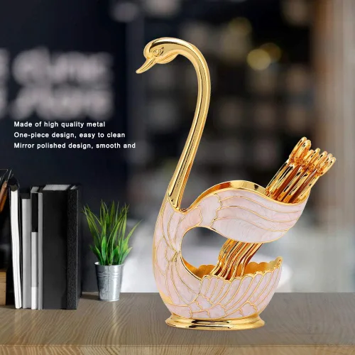 Vista 5 de Estink Juego de cucharas de café, soporte europeo elegante para cucharadas de fruta de cisne, 6 cucharas de postre de metal, color dorado