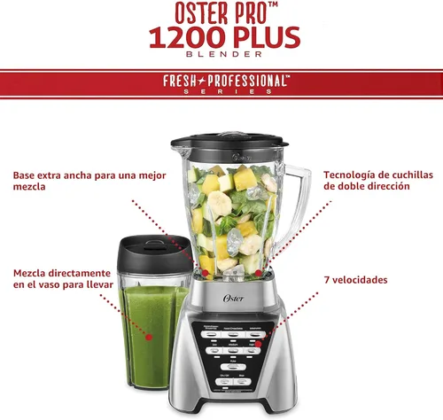 Vista 3 de Licuadora más procesadora de alimentos y taza para mezcla personal Oster Pro 1200, Níquel cepillado
