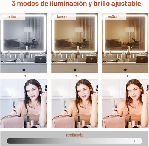 Vista 2 de YIKEHOME Mesa de tocador blanca con cajón, escritorio de maquillaje para mujer con estación de carga, escritorio de tocador con espejo de 3 luces