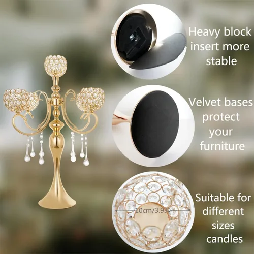Vista 6 de Candelabro dorado de 5 brazos de 26 pulgadas de alto, candelabros con cuentas de cristal para centro de mesa, boda, fiesta, cena, eventos formales