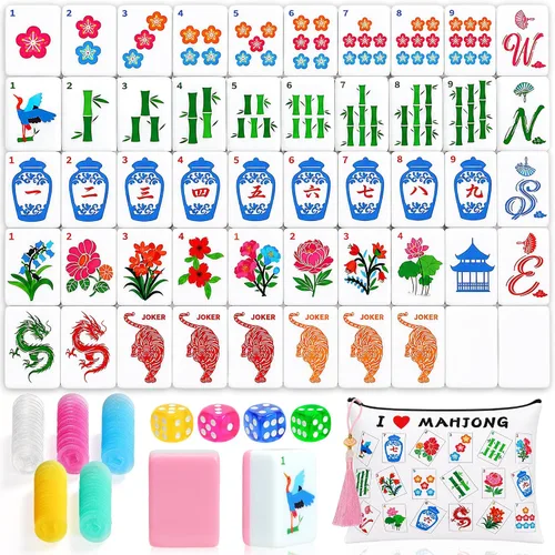 Juego de 168 azulejos Mahjong, juego de mahjong americano grabado de 1.2 pulgadas con bolsa de almacenamiento y accesorios de Mah Jongg para fiestas