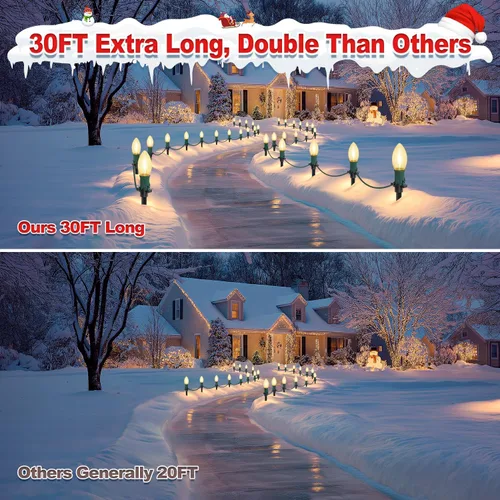 Vista 7 de USOKYO 20 bombillas LED C9 de 30 pies, luces LED de Navidad para exteriores, bombillas LED blancas cálidas, impermeables, conectables, luces