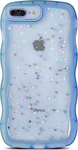 Vista 141 de Qokey para iPhone 14 Plus Funda de 6.7" con diseño de borde ondulado rizado, transparente, con purpurina, brillo, estrellas, brillante, lindo