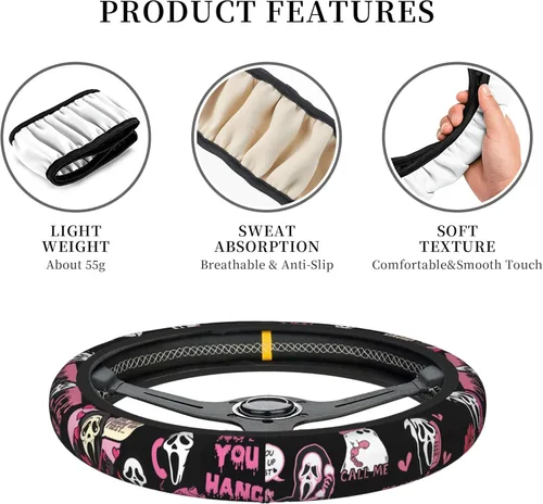 Vista 4 de Funda para volante de fantasma rosa de Halloween, accesorios de película de terror con 2 ambientadores de automóvil, funda antideslizante de ajuste