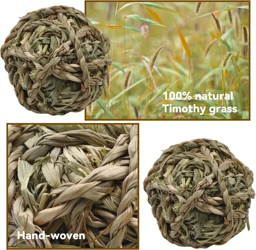 Vista 6 de Pelota de hierba de conejo Timothy 6 piezas, bola de hierba natural de conejito Timothy tejida a mano, juguetes para masticar, animales pequeños