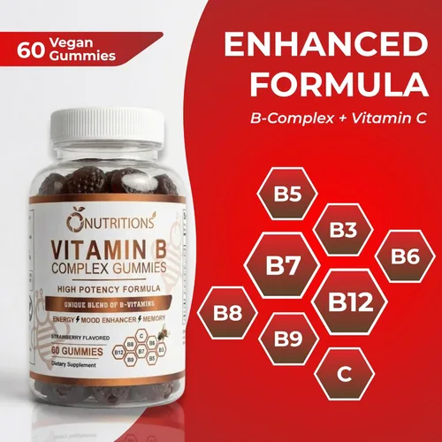 Vista 4 de O NUTRITIONS Gomitas veganas de complejo de vitamina B con vitamina B12, B7 como biotina, B6, B3 como niacina, B5, B6, B8, B9 como folato
