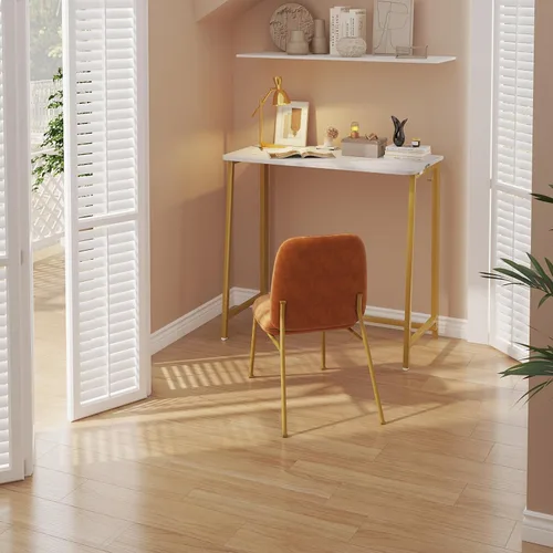 Vista 4 de WOHOMO Escritorio plegable de mármol sintético blanco, escritorio pequeño de 31.5 pulgadas para espacios pequeños con patas doradas, escritorio