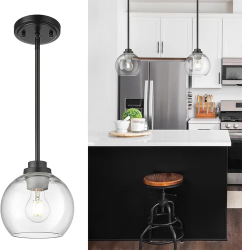 Vista 24 de Luces Colgantes para Isla de Cocina, Lámpara Colgante Moderna Dorada con Pantalla de Globo de Vidrio Transparente, Accesorios de Iluminación