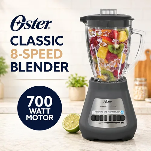 Vista 2 de Oster® Classic Series Licuadora de 8 Velocidades con Jarra de Vidrio de 6 Tazas, Gris