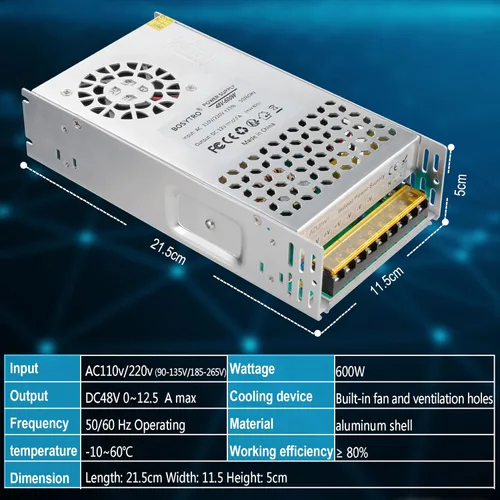 Vista 2 de Fuente de alimentación conmutada de 48V 12.5A 600W DC, conmutación regulada universal AC110V/220V (SMPS), fuente de alimentación de 48 voltios