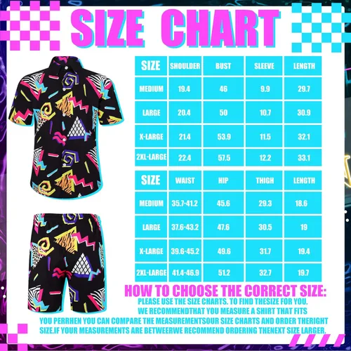 Vista 2 de Geosar Men's 2 Pcs 80s 90s Outfit for Men Hippie Shirts and Shorts Set with Hat Neon Disco Halloween Party Costume Clothes