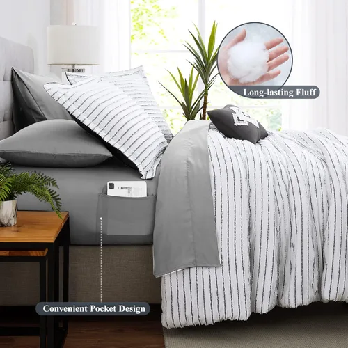 Vista 6 de WRENSONGE Juego de edredón jacquard tamaño King, juego de edredón bohemio de 8 piezas a rayas blancas y negras, juego de ropa de cama acogedor