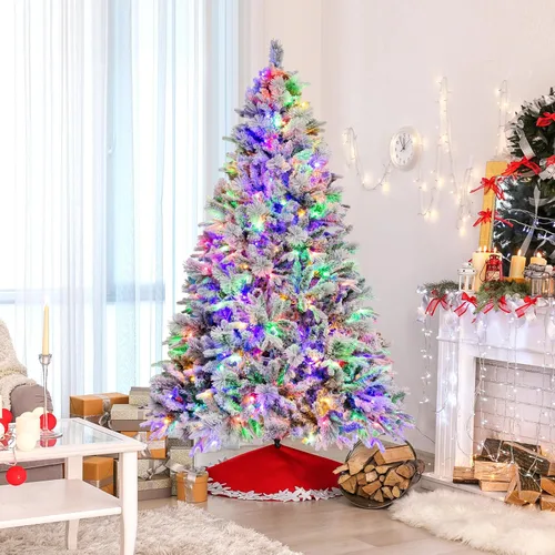 Vista 6 de Goplus - Árbol de Navidad artificial de 7 pies con nieve ya colocada, árbol de Navidad artificial con bisagras, con 320 luces LED multicolor, 8
