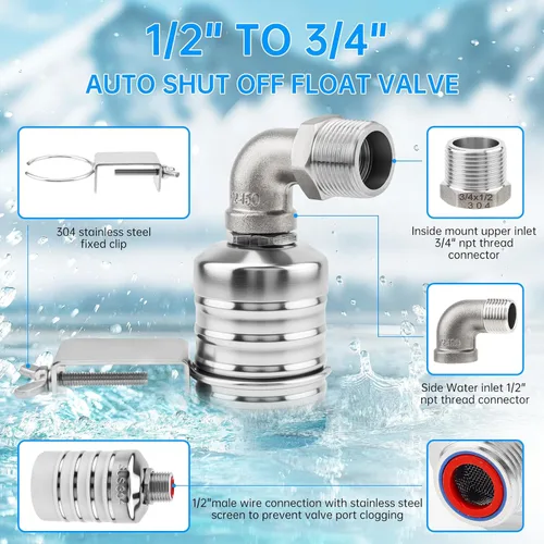 Vista 4 de 2 Pack Float Valve, Automatic Water Level Control Valve with 1/2inch to 3/4inch 1inch Adapter for Water Tank, Aquariums, Livestock Trough (2)