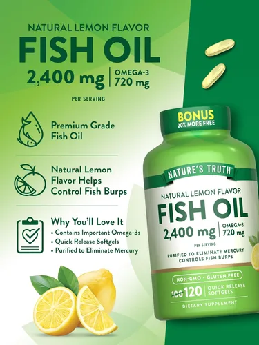 Vista 5 de Nature's Truth Aceite de pescado de 2400 mg 120 cápsulas blandas de liberación rápida 720 mg de Omega 3 Píldoras de sabor a limón sin eructos
