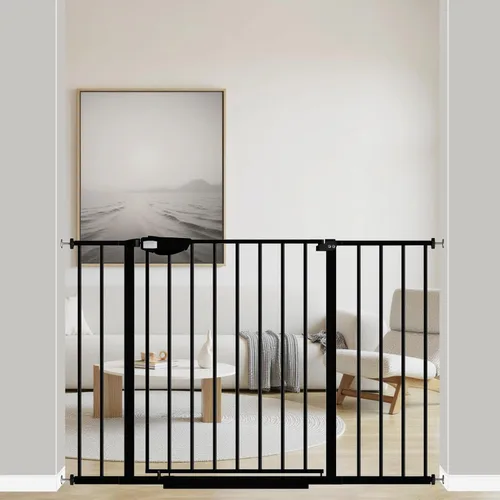 ALLAIBB Triple Lock - Puerta extra ancha para bebé, montada a presión, para caminar a través de cierre automático seguro, de metal negro, perro,