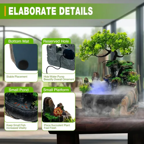 Vista 2 de Fuente de rocalla, fuente de agua de mesa, cascada china de escritorio Fengshui para interiores con lámpara LED efecto de atomización, adecuada