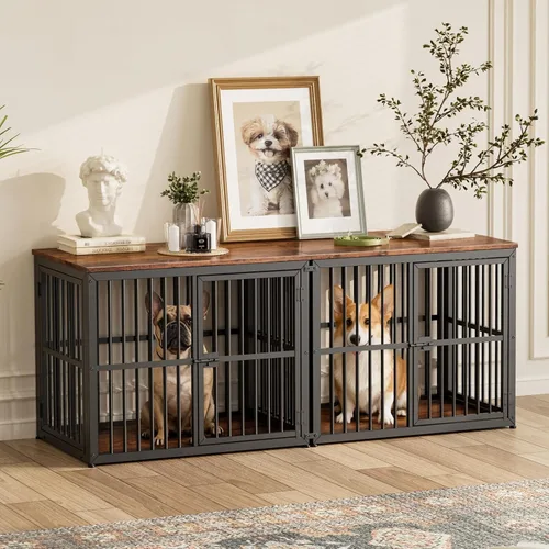 Vista 20 de Lyromix 94.48'' Mueble de jaula para perros de raza grande con soporte para TV de dos habitaciones, mesa auxiliar de jaula para perros de madera