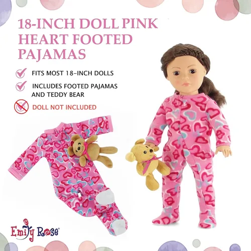 Vista 6 de Conjunto de pijama de muñeca de 18 pulgadas, mameluco de corazón rosa, traje de dormir de muñeca Emily Rose con compañero de oso de peluche, muñeca